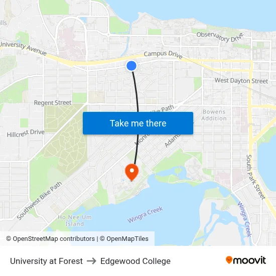 University at Forest to Edgewood College map