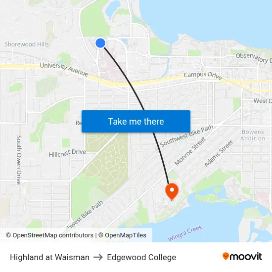 Highland at Waisman to Edgewood College map