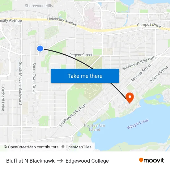 Bluff at N Blackhawk to Edgewood College map