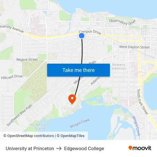 University at Princeton to Edgewood College map