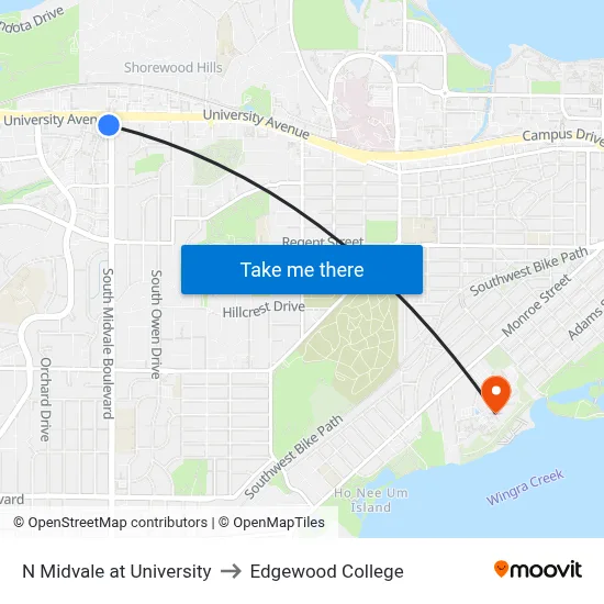 N Midvale at University to Edgewood College map