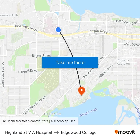 Highland at V A Hospital to Edgewood College map