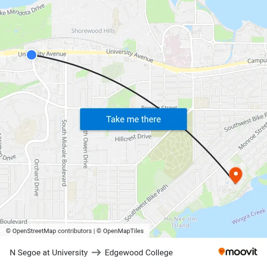 N Segoe at University to Edgewood College map