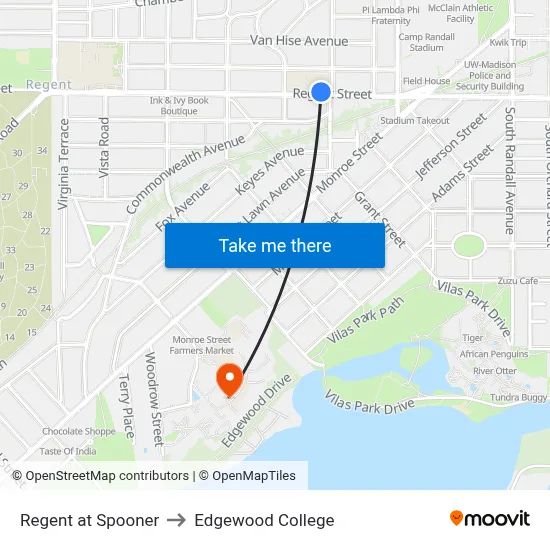Regent at Spooner to Edgewood College map
