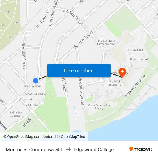 Monroe at Commonwealth to Edgewood College map