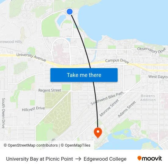 University Bay at Picnic Point to Edgewood College map