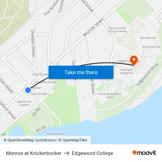 Monroe at Knickerbocker to Edgewood College map