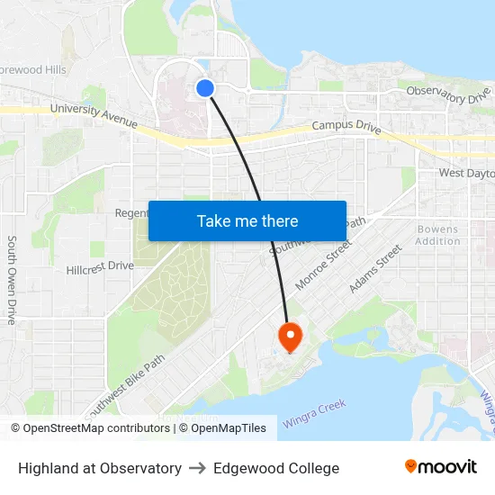Highland at Observatory to Edgewood College map