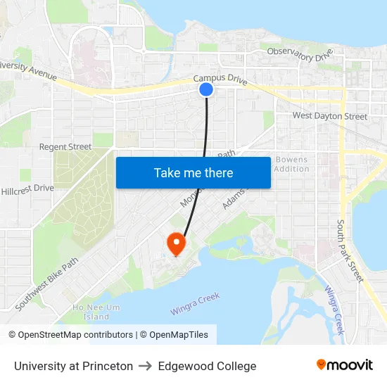 University at Princeton to Edgewood College map