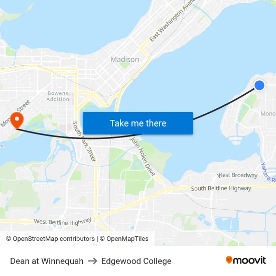 Dean at Winnequah to Edgewood College map