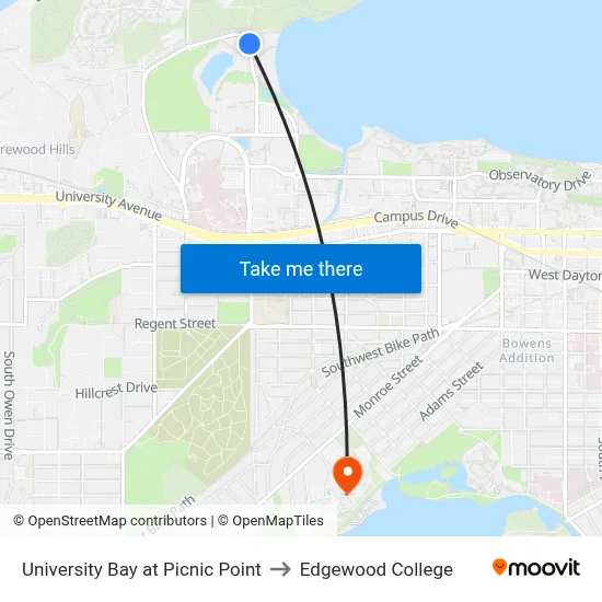 University Bay at Picnic Point to Edgewood College map