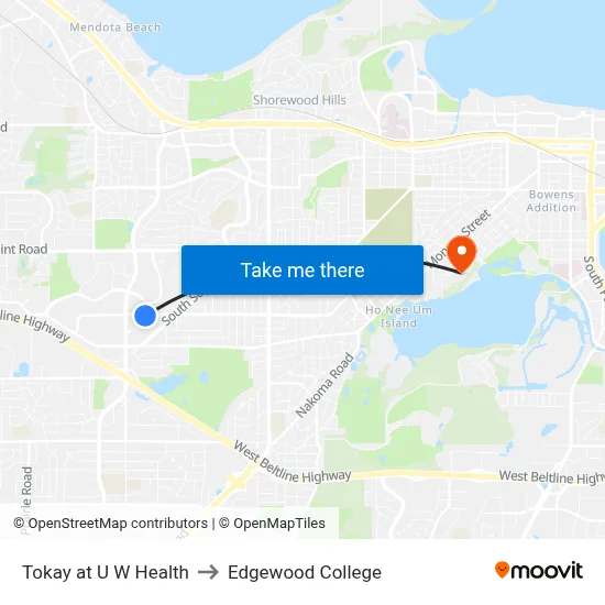Tokay at U W Health to Edgewood College map