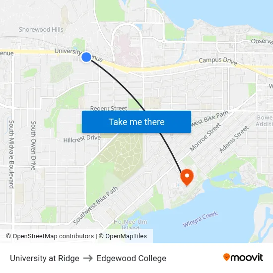 University at Ridge to Edgewood College map