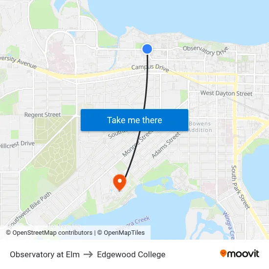 Observatory at Elm to Edgewood College map