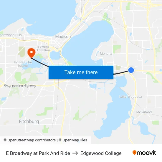 E Broadway at Park And Ride to Edgewood College map