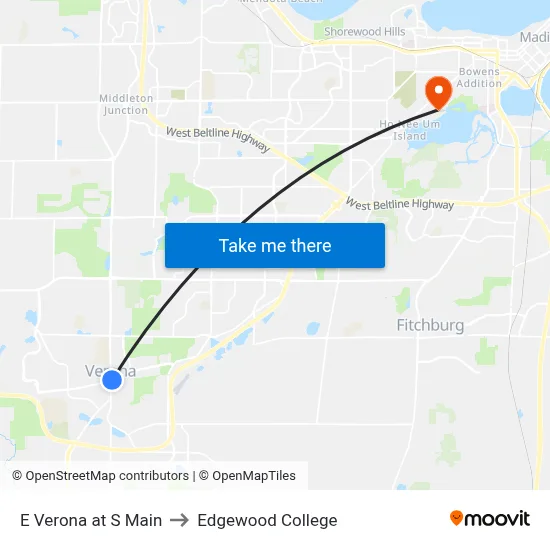 E Verona at S Main to Edgewood College map