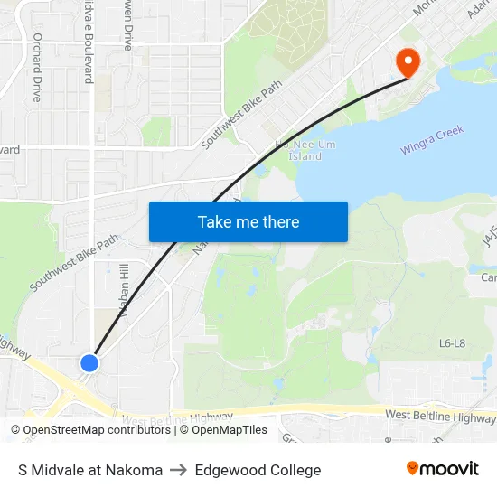S Midvale at Nakoma to Edgewood College map