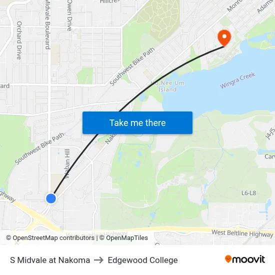 S Midvale at Nakoma to Edgewood College map