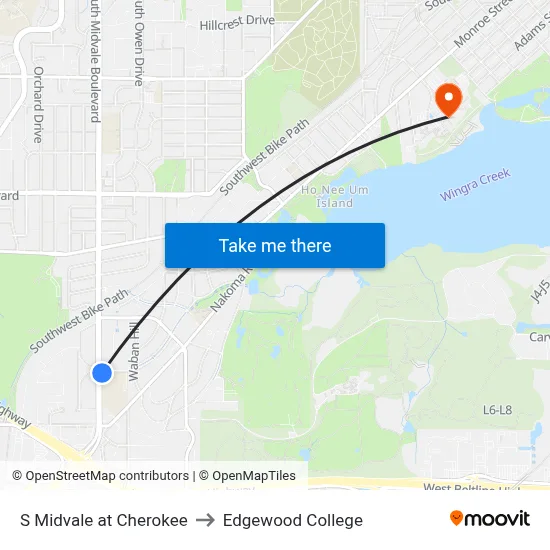S Midvale at Cherokee to Edgewood College map
