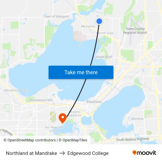 Northland at Mandrake to Edgewood College map