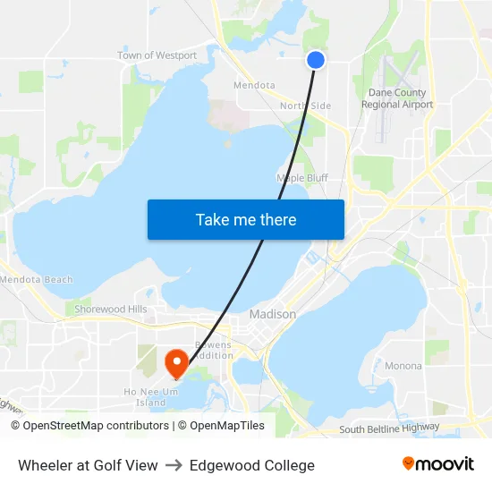 Wheeler at Golf View to Edgewood College map