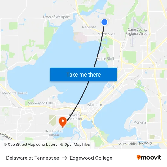 Delaware at Tennessee to Edgewood College map