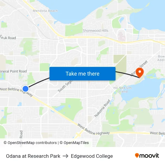 Odana at Research Park to Edgewood College map