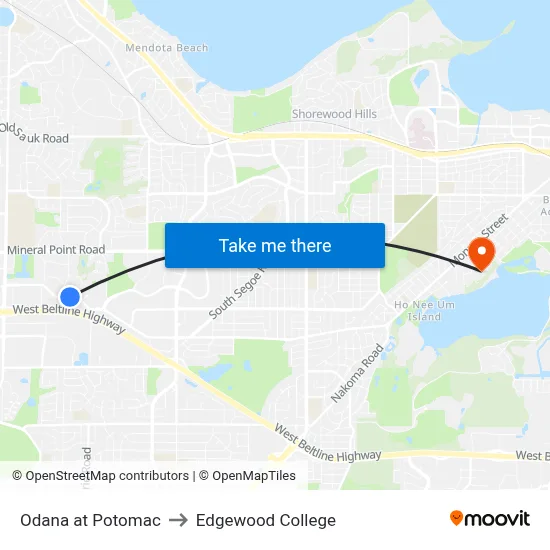 Odana at Potomac to Edgewood College map