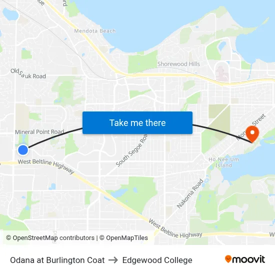 Odana at Burlington Coat to Edgewood College map