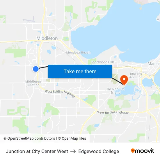 Junction at City Center West to Edgewood College map