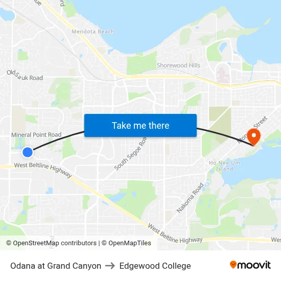 Odana at Grand Canyon to Edgewood College map