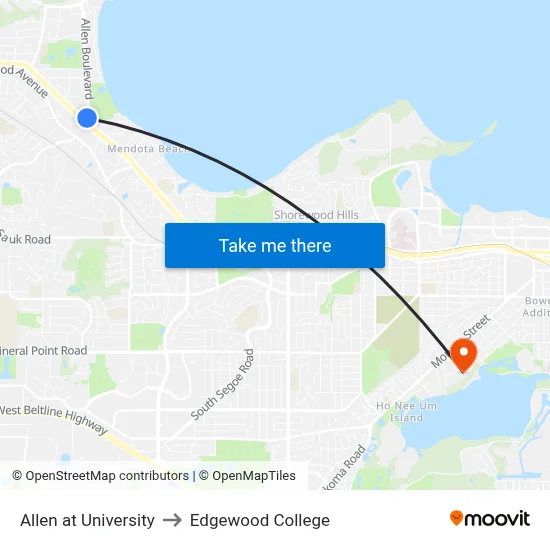 Allen at University to Edgewood College map