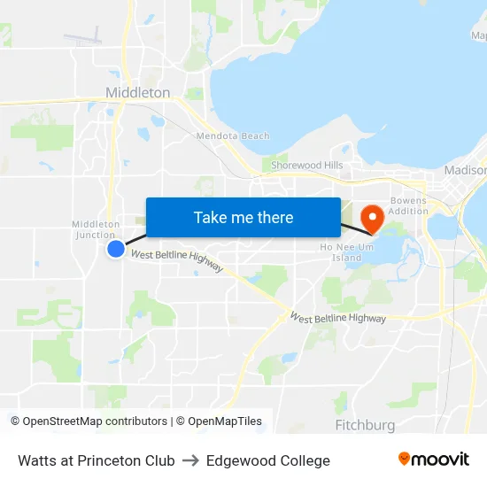 Watts at Princeton Club to Edgewood College map