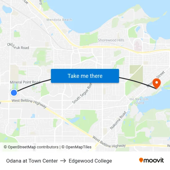Odana at Town Center to Edgewood College map