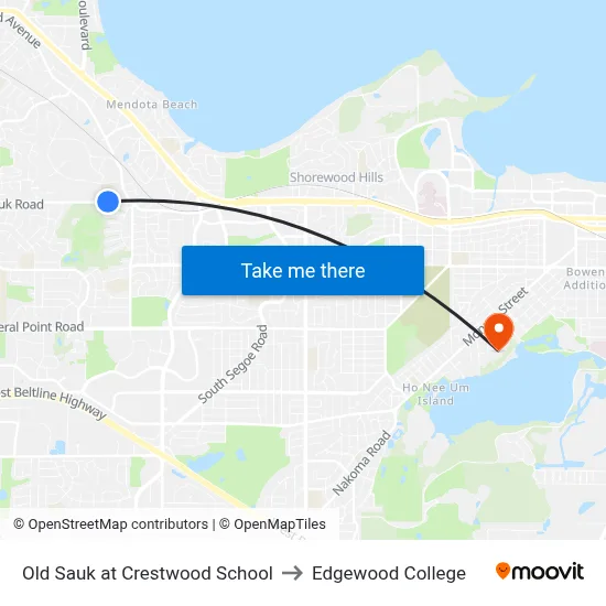 Old Sauk at Crestwood School to Edgewood College map