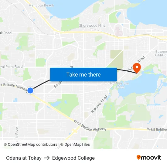 Odana at Tokay to Edgewood College map