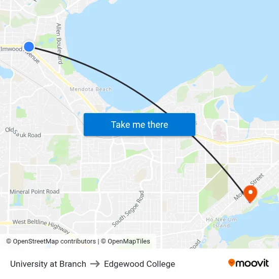 University at Branch to Edgewood College map
