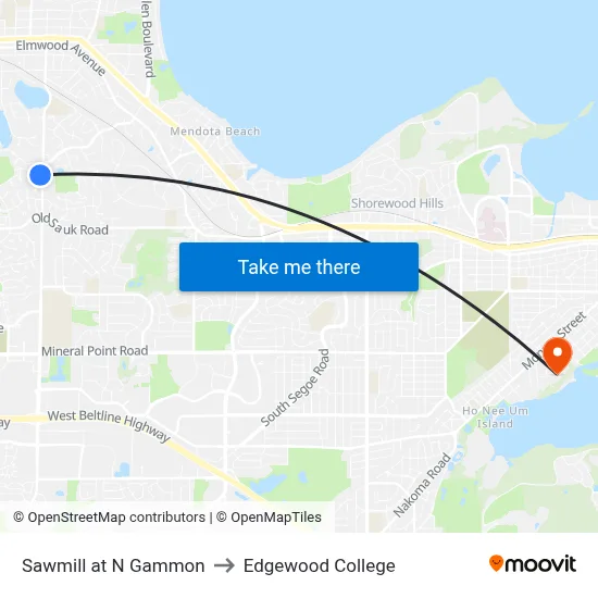 Sawmill at N Gammon to Edgewood College map