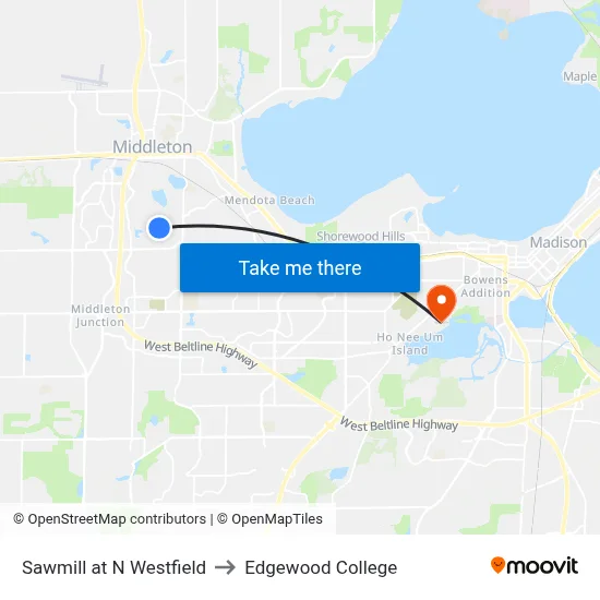 Sawmill at N Westfield to Edgewood College map