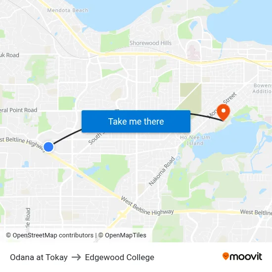 Odana at Tokay to Edgewood College map
