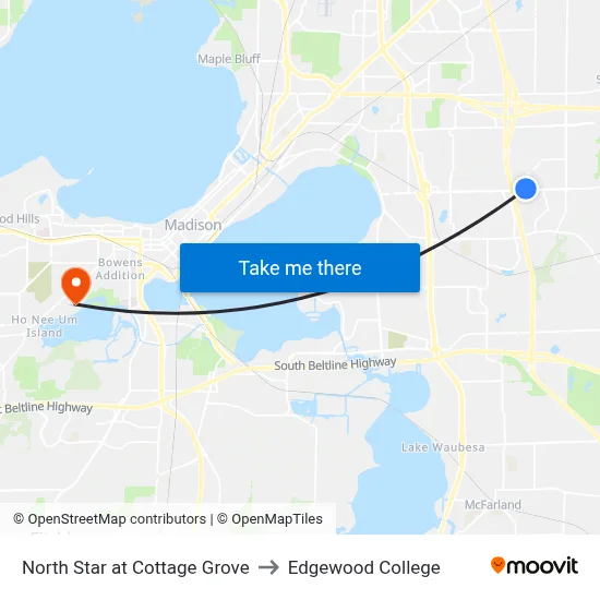North Star at Cottage Grove to Edgewood College map