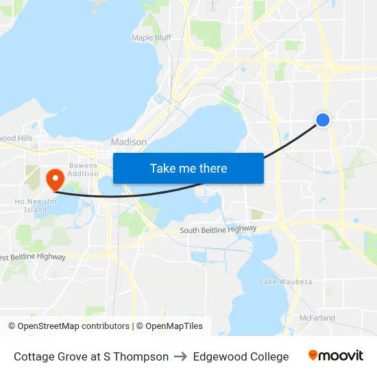 Cottage Grove at S Thompson to Edgewood College map