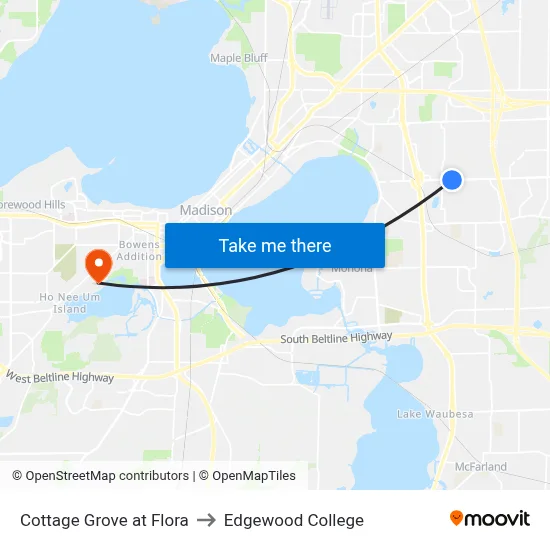 Cottage Grove at Flora to Edgewood College map