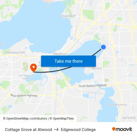 Cottage Grove at Atwood to Edgewood College map