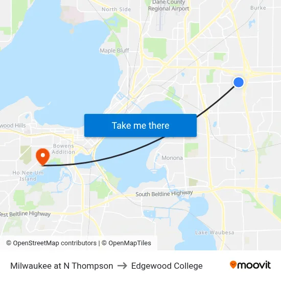 Milwaukee at N Thompson to Edgewood College map