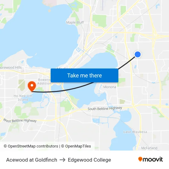 Acewood at Goldfinch to Edgewood College map
