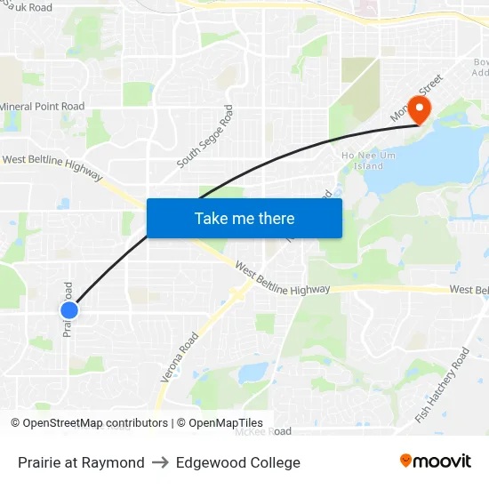 Prairie at Raymond to Edgewood College map