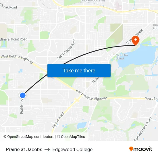 Prairie at Jacobs to Edgewood College map