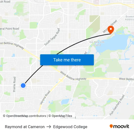 Raymond at Cameron to Edgewood College map
