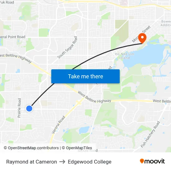 Raymond at Cameron to Edgewood College map